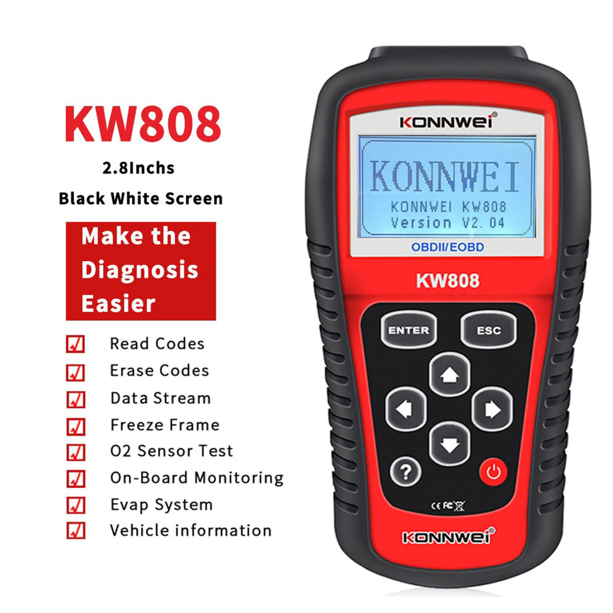 KONWEI KW808 Automotive Engine Fault Code Analyzer Supports All OBDII Compliant Vehicles Nine OBDII Test Modes 2.8’’Large Screen