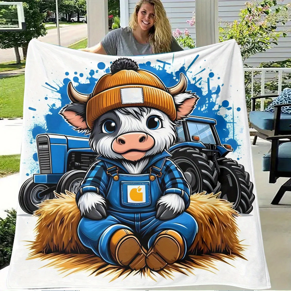 Cozy Flannel Blanket with Adorable Cartoon Cow & Tractor Design, and Lightweight for Home, Travel, Camping, Office, Sofa, Bed
