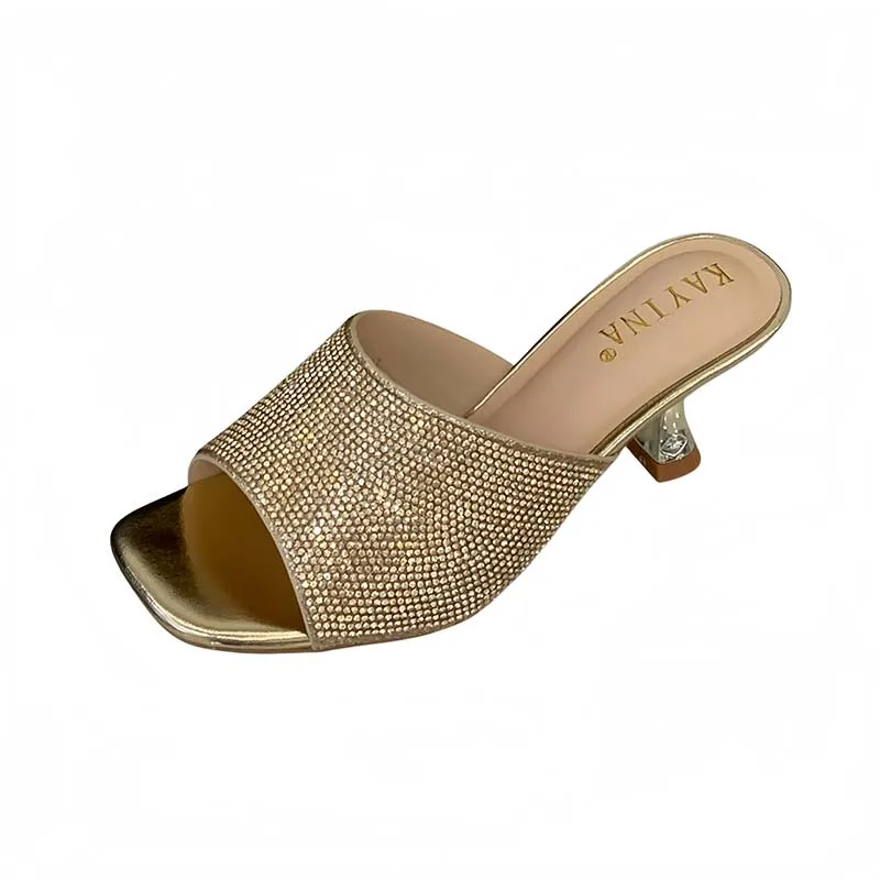 

Gold Sandals For Woman Heels Silver Slippers Ladies Rhinestones Summer Shoes Leisure Low Heels Black Sandals and Slippers