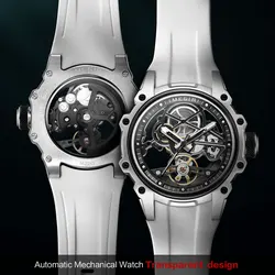 MEGIR Skeleton Dial Automatic Mechanical Watch Men Stainless Steel Case Waterproof Luminous Sport Wristwatch with Silicone Strap