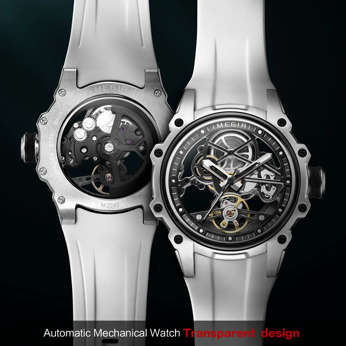 MEGIR Skeleton Dial Automatic Mechanical Watch Men Stainless Steel Case Waterproof Luminous Sport Wristwatch with Silicone Strap
