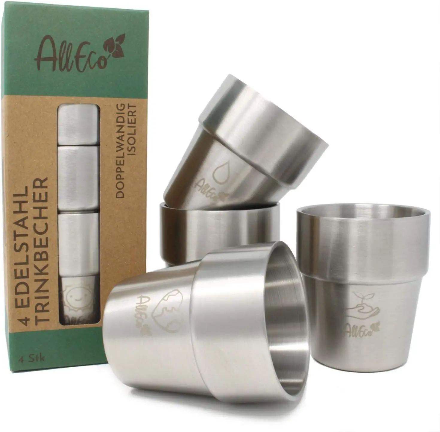 

4 комплекта устойчивых многоразовых металлических чашек из нержавеющей стали с двойными стенками, 300 мл, детские походные кофейные чашки для кемпинга на открытом воздухе