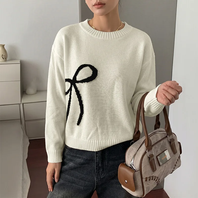 2026 New Gentle Wind Asymmetrical Bow Jacquard Sweater Women