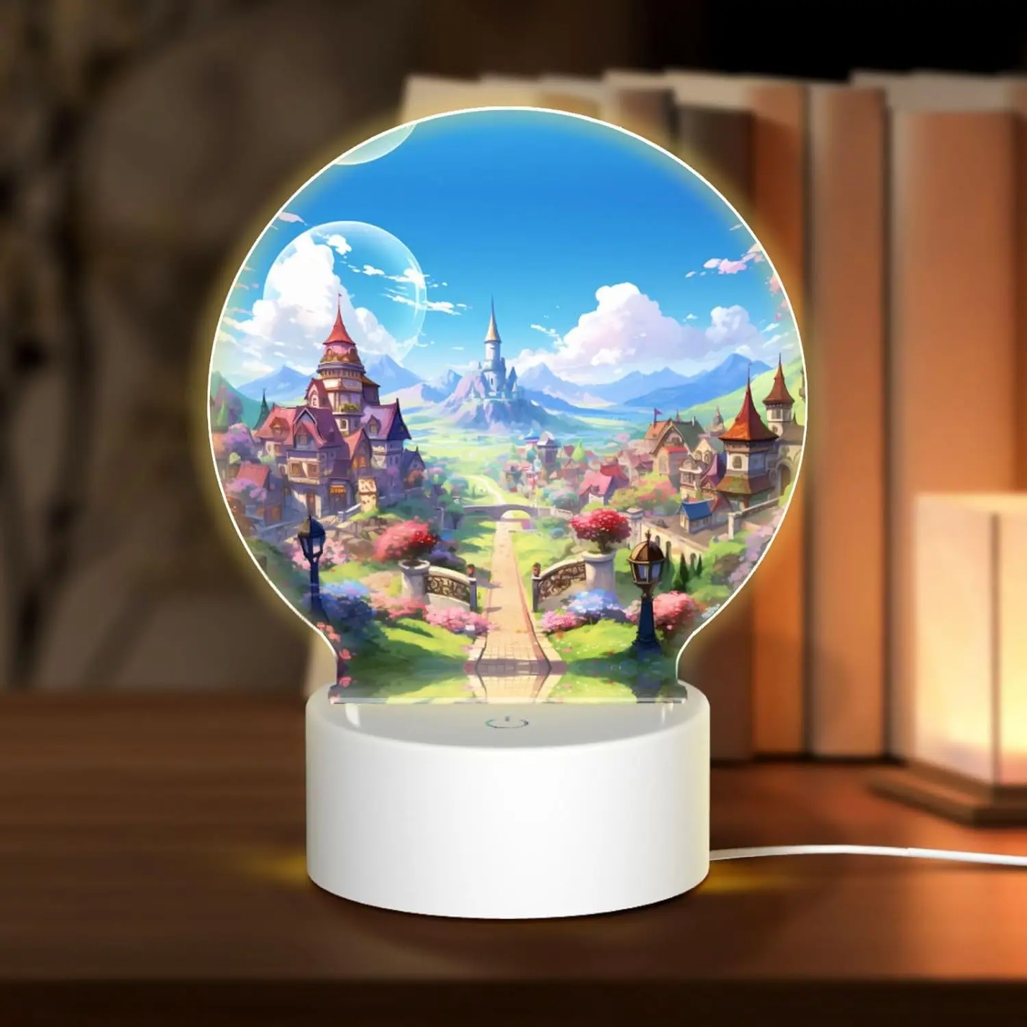 PHAYAH Small Towns Pattern Round Acrylic USB Night Light Room Light