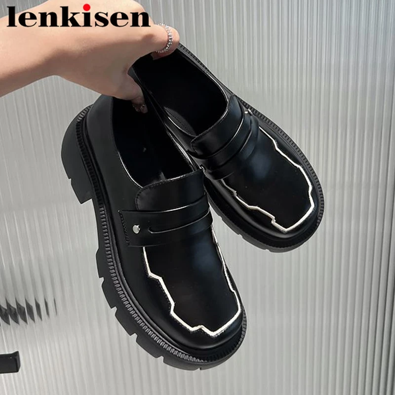 

Lenkisen Genuine Leather Round Toe Thick High Heels Casual Loafers Shoes Platform Safari Style Rivets Slip on Brand Women Pumps