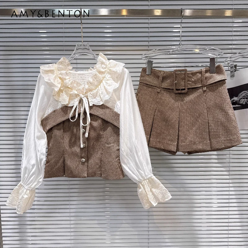 

2026 Spring New Lace Collar Splicing Women's Blouse Shirts Korean Design Sweet Cool Plaid Versatile Short Skirts Sets Ladies