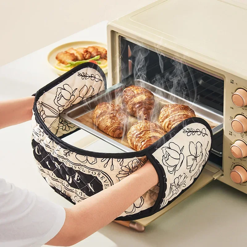 1pc Oven Mitts Microwave Baking BBQ Integrated Glove Cotton Linen Heat Resistant Potholders Non-slip Kitchen Cooking Tools