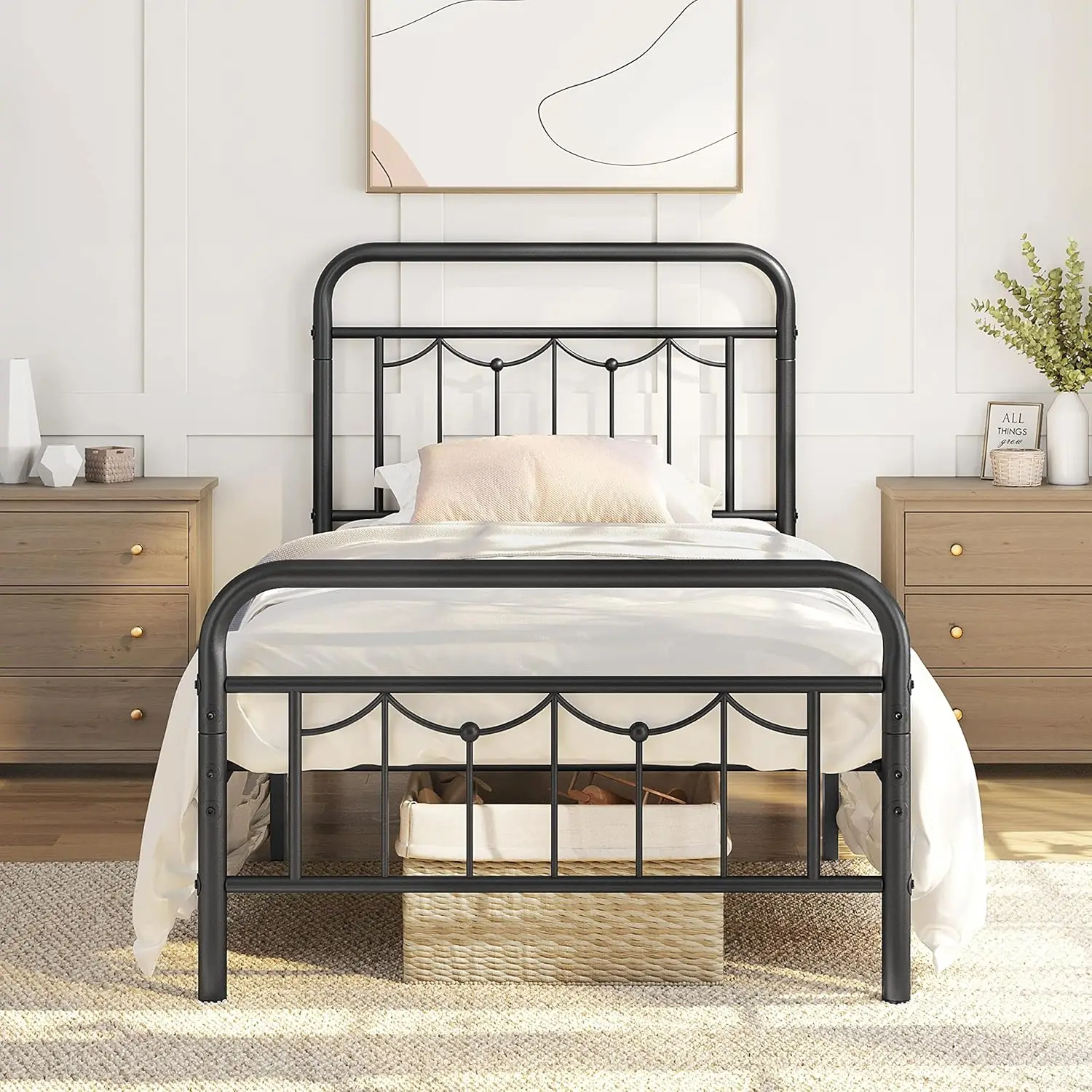 Double size metal bed frame with retro headboard and footrest, ample storage space under the bed, no need for box springs, black