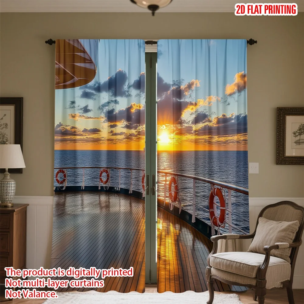 

2D flat printing 2pcs Curtain Sunset Over Ship Deck Digital Printed Polyester Drapes Party Decorations Perfect for Room bedroom