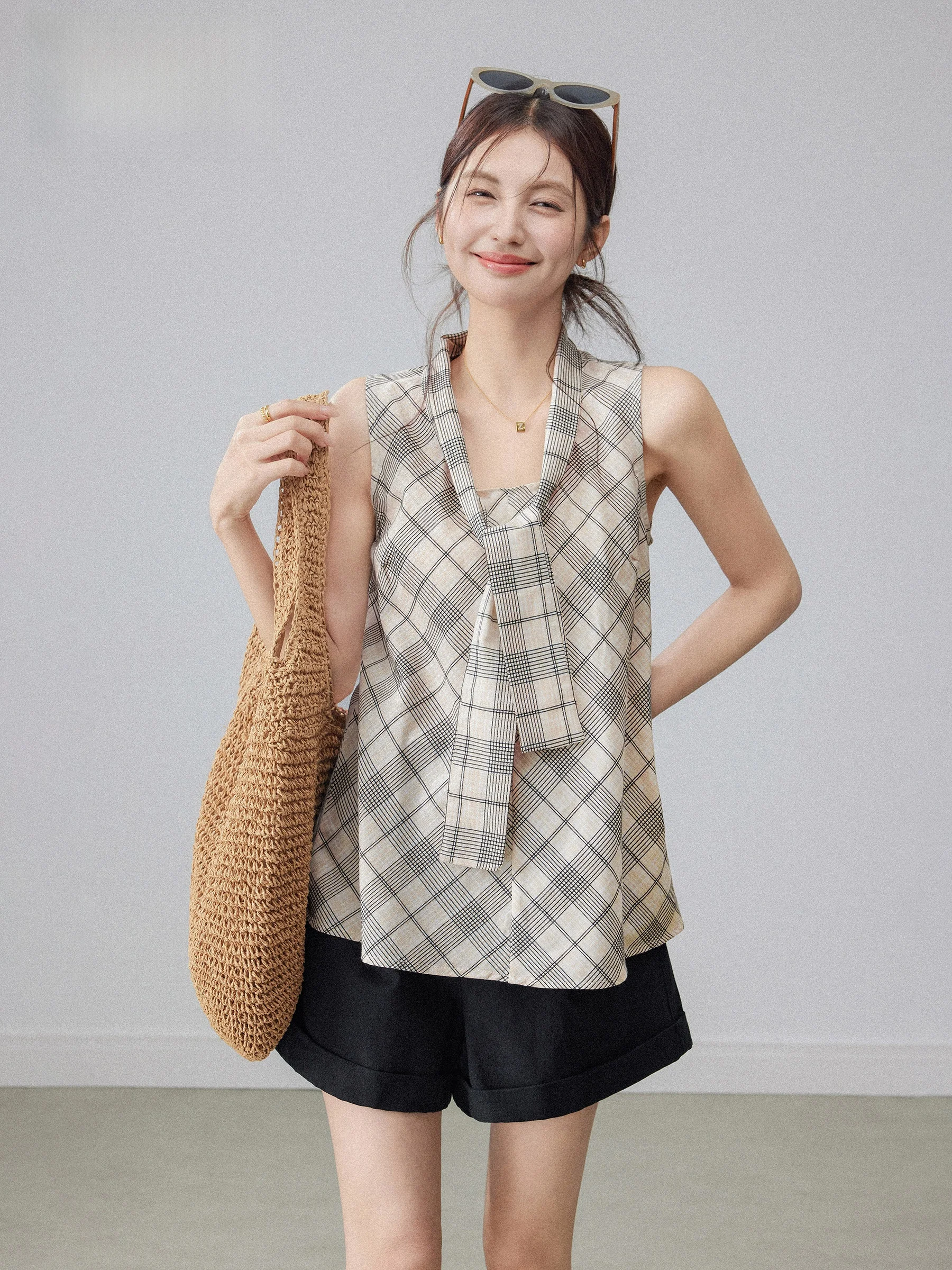 

Шикарный клетчатый жилет с поясом, женский повседневный летний топ без рукавов, свободный крой, весенний дизайн, универсальный китайский стиль