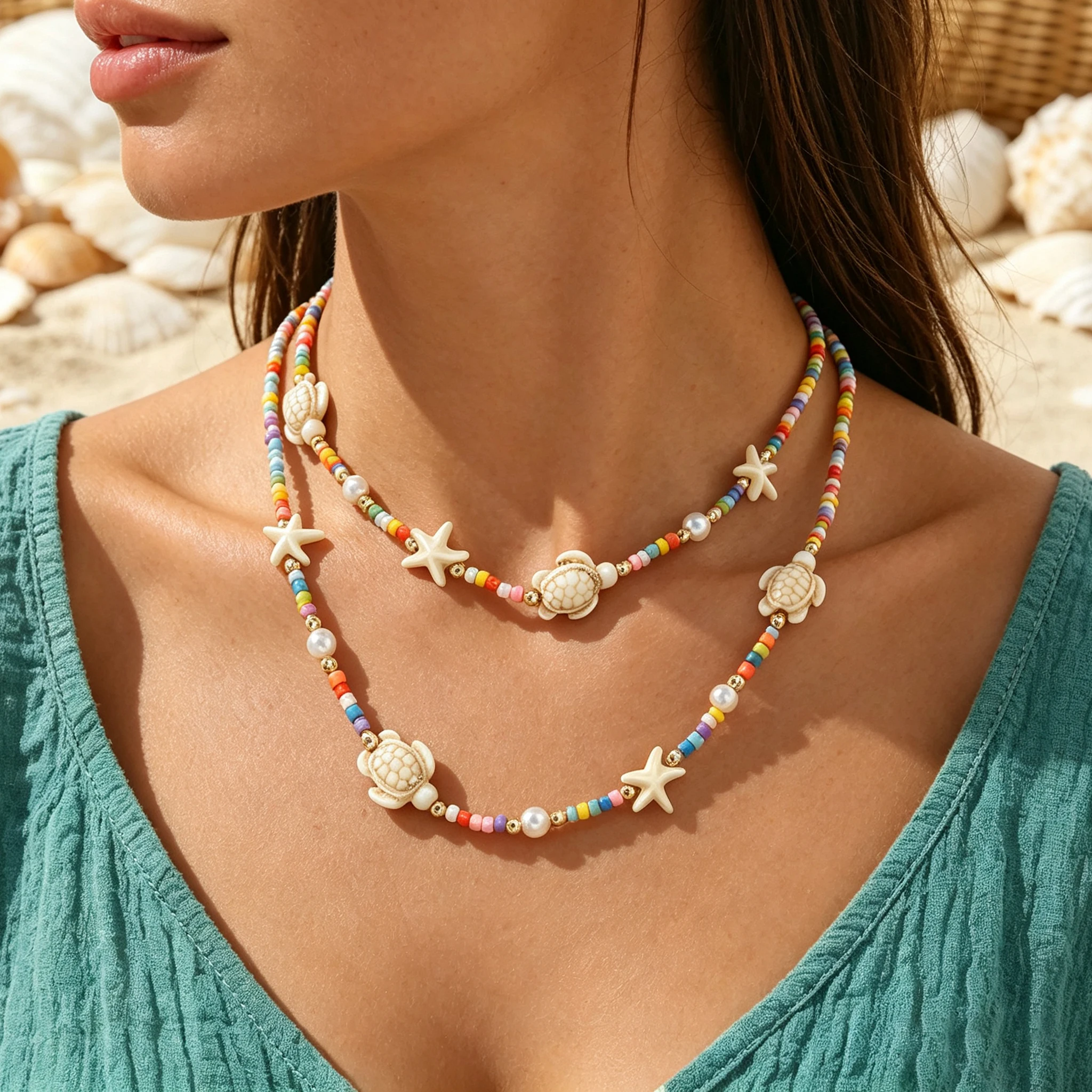Boho 2Pcs Multicolor Beaded Layered Necklace Sea Turtle Starfish Charm Adjustable Summer Beach Women Choker Jewelry