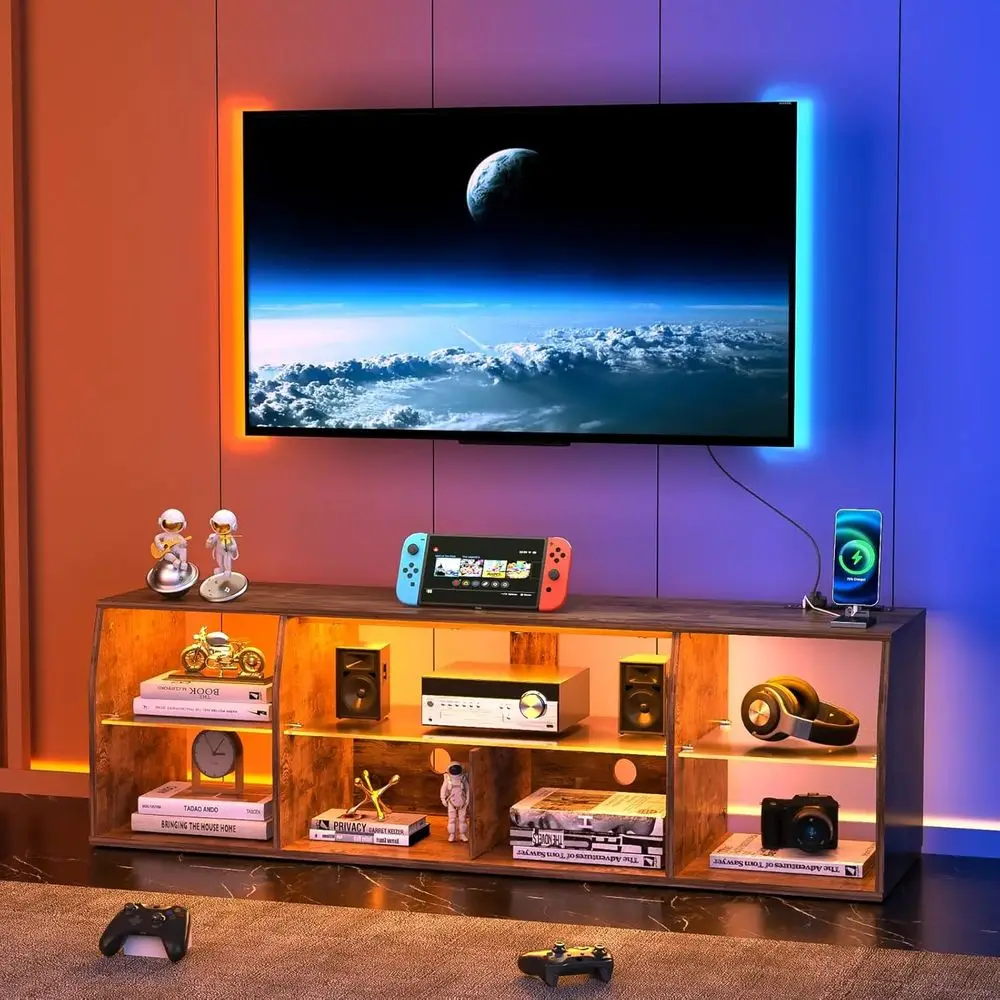 حامل تلفزيون LED مقاس 70 بوصة، مركز ترفيه مع منافذ طاقة، خزانة تلفزيون صناعية مع 7 أرفف تخزين مفتوحة، fo #6