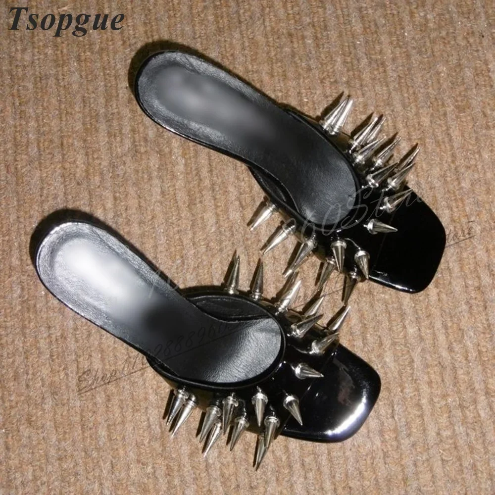 

Stylish Black Leather Rivet Decoration Slippers Thin High Heel Women Shoes Slip On Open Toe 2024 Fashion Zapatos Para Mujere