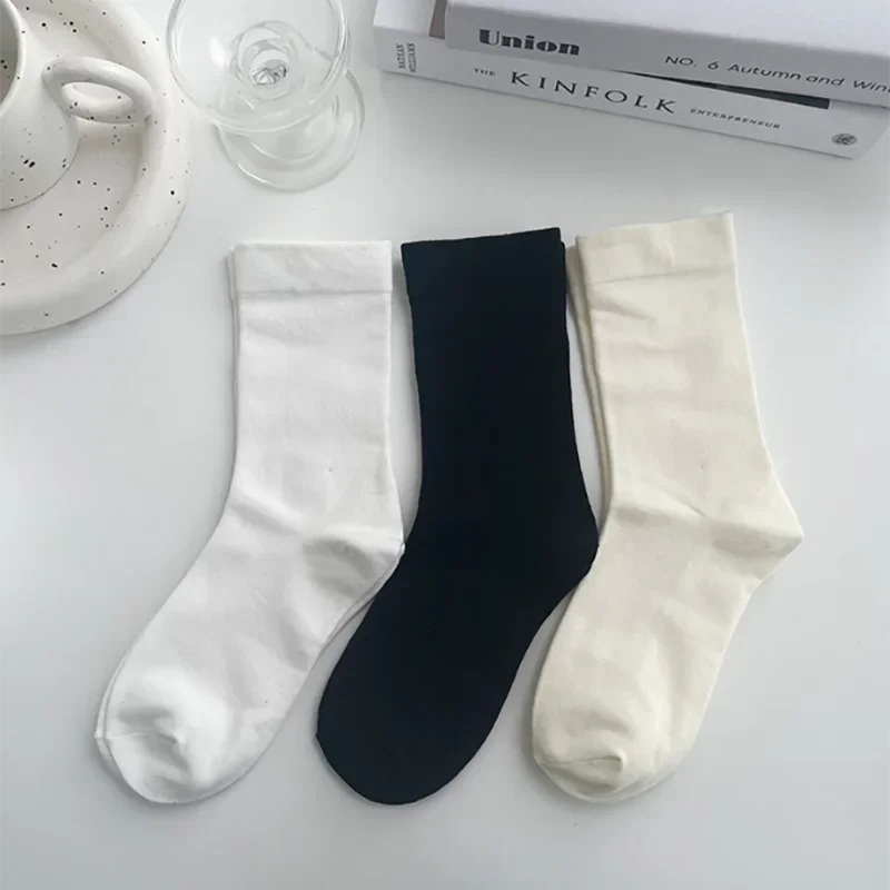 3/5Pairs Women Long Socks Solid Color Knitting Loose Mid Crew Middle Tube Ankle Breathable Calcetines Spring Autumn  Black White