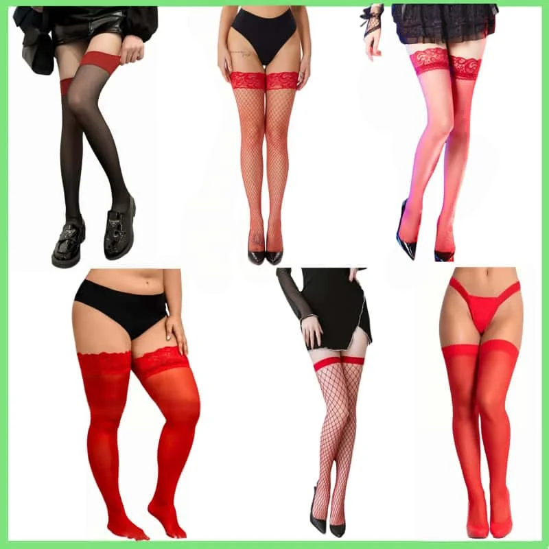 

FREEAUCE Elastic Plus large Size Women's Fishnet Long Sock Lace Stockings Anti-Slip Over Knee Thigh High Black Red Stocking Sexy