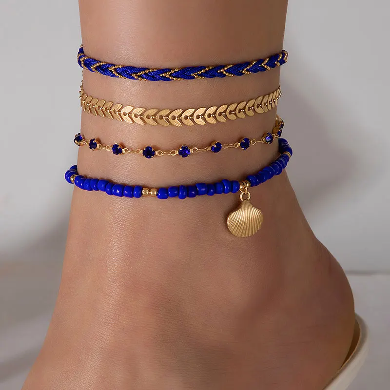 Tocona Colour Beaded Weaving Shell Pendant Anklets for Women Bohemian Leaf Multilayer Foot Chain 4pcs/Set Summer Beach Jewelry