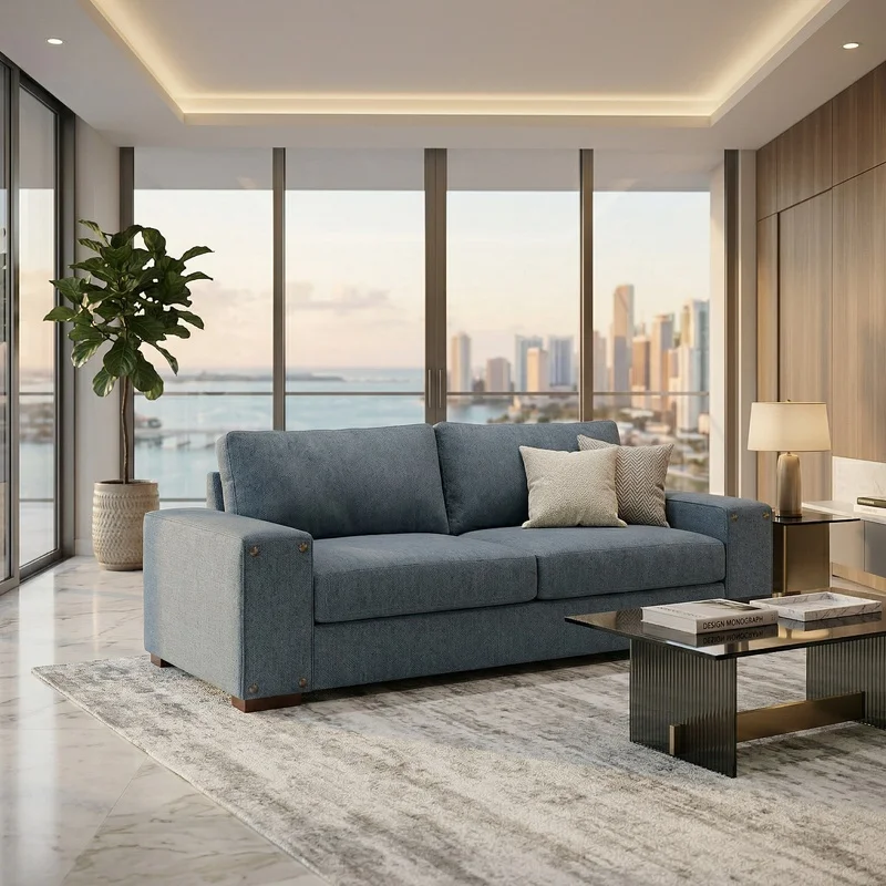 

Modena 2-Arm Sofa – USA Made, 5-Day Shipping, Custom Fabric, Classic Design – Leslie Peacock Slate Blue Fabric