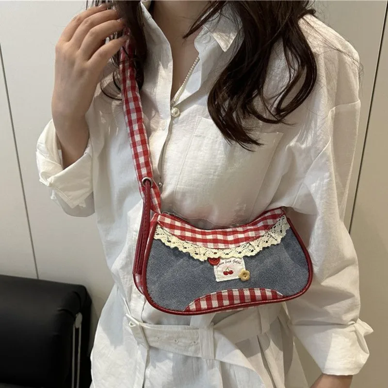 

Bow Tote Bag Lace Button Y2K Korean Pleated Crossbody Bag Checkered Cloth Bag Shoulder Bag Commute Square Bag Women's Handbag