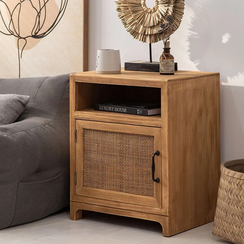 Chinese-Style Rattan Bedside Cabinet, Aesthetic Night Table, Functional Bedroom Furniture for Kids, Charming Design, Modern Home