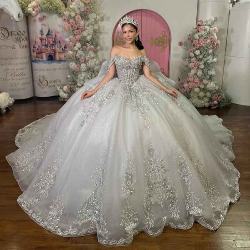 

Light Silvery Shiny Quinceanera Dresses Ball Gown Off The Shoulder Applique Lace Beading Crystal Tull Party Birthday Sweet 16