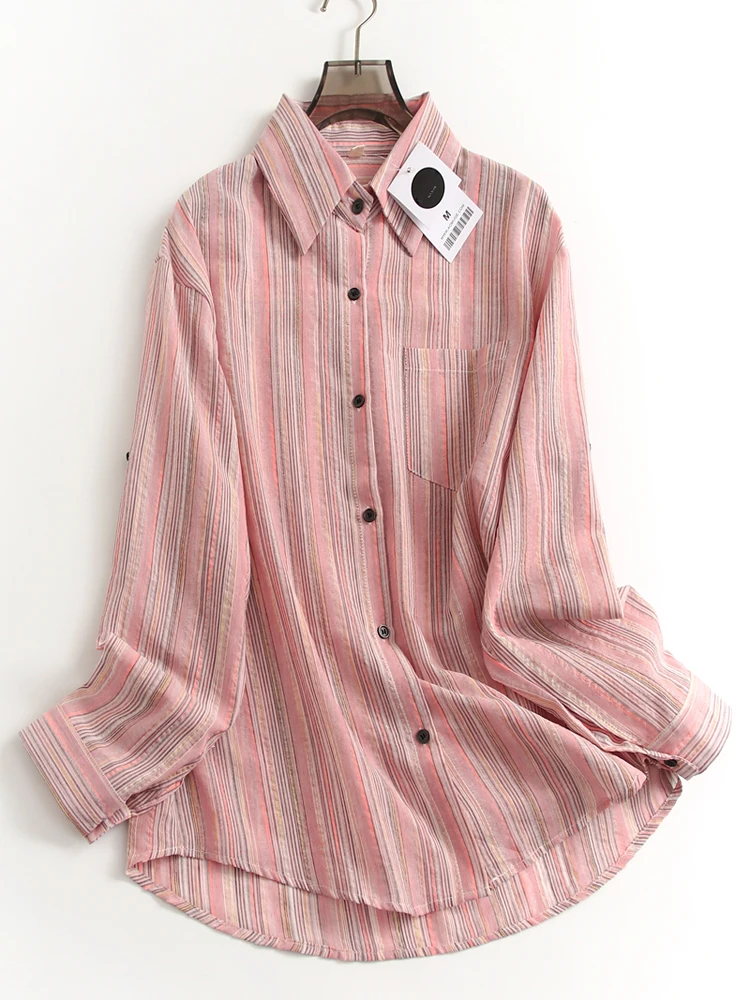 

Women's Loose Fit Stripe Shirt Thin Single Button Long Sleeve Turn up Casual Wear Sun Protection Versatile Polyester Fiber
