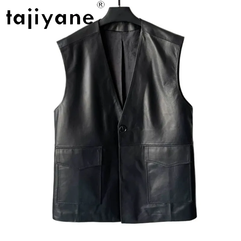 TAJIYANE Sheepskin Real Leather Jacket Woman Vests Loose Black Jackets for Woman Mid-length Leather Coats V-neck Jackets Jaqueta