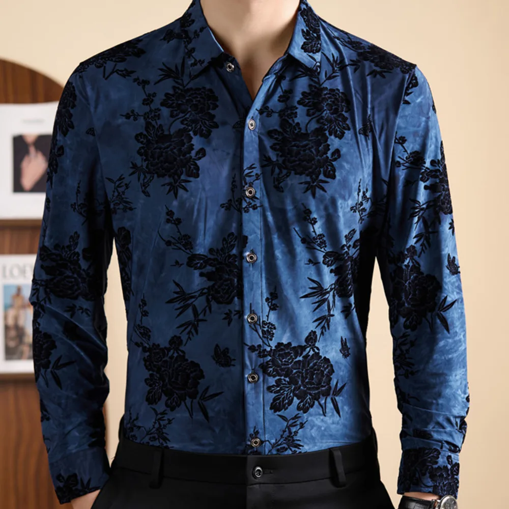 Flower Print Velvet Shirt Club Party Long Sleeve Slim Shirt Men Camisa Hombre Chemise Homme Blue Shirts Men Dress Mannen Kleding