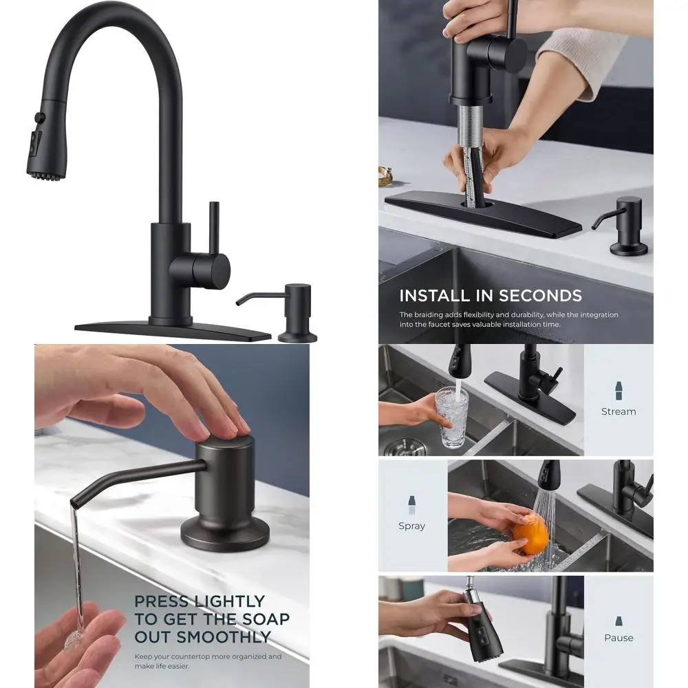 

Stainless Steel Pull-Down Kitchen Faucet with Soap Dispenser and 3-Mode Sprayer for Farmhouse Sinks