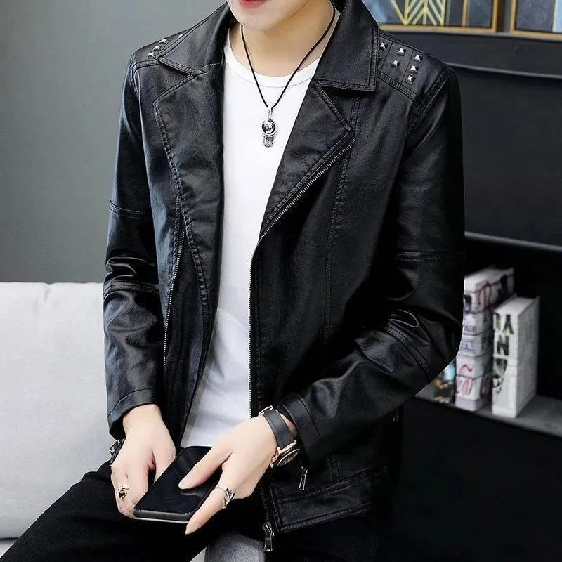 2023 Autumn Winter New Fashion Lapel Casual PU Coat Men Loose Large Size Fleece-Lined Slim Fit Biker Leather Jacket