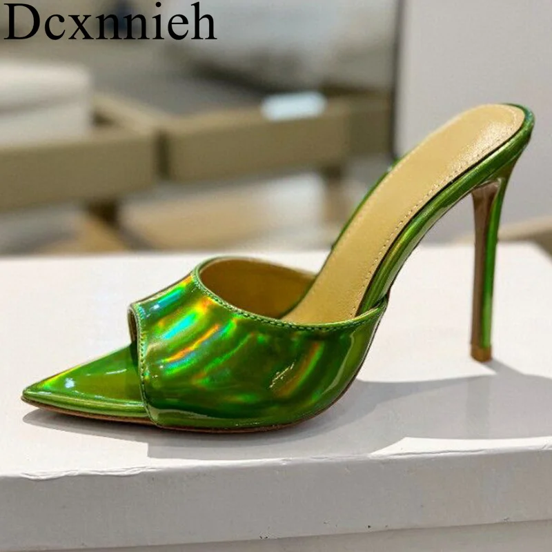 Spring Summer Thin High Heel Peep Toe Slippers Women's Pointed Shiny Leather Sandals Ladies Sexy Party Dress Fairy Shoes 2024