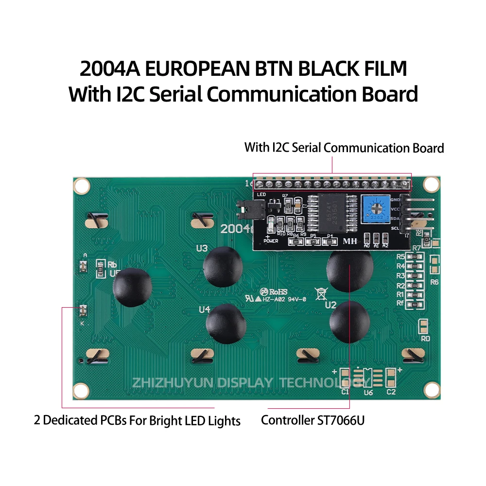 LCD2004A IIC Adapter Board European Font Screen IIC 12C Interface 5V LCD Screen BTN Black Film Red 98 * 60Mm