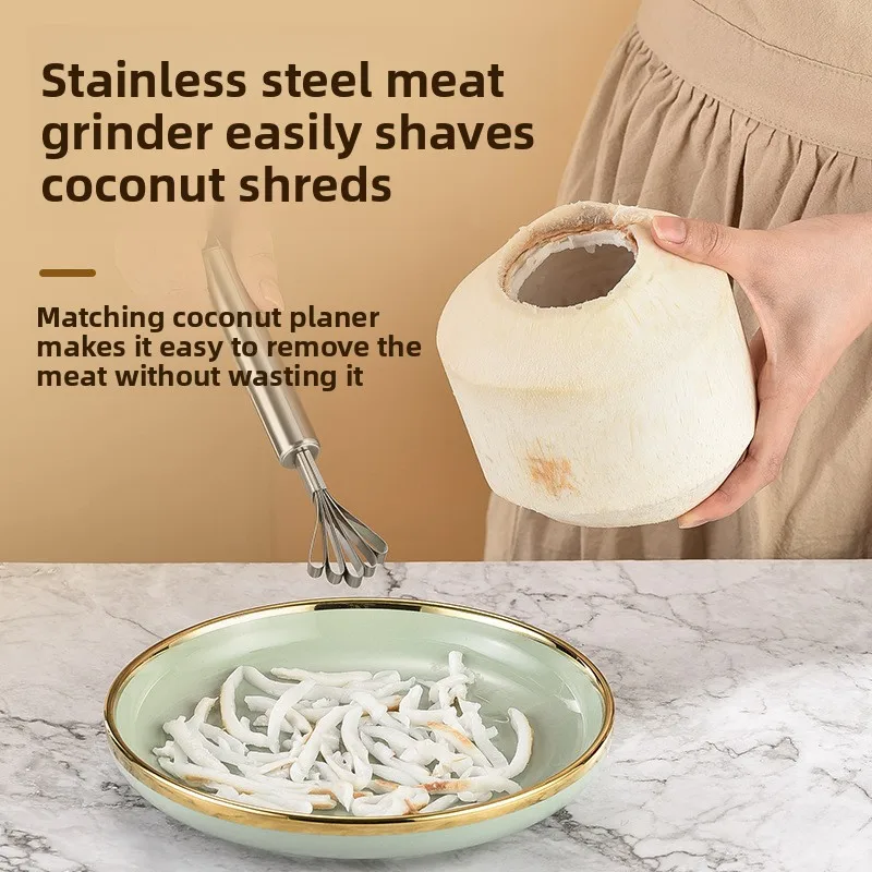 Stainless Steel Coconut Opener Set, Manual Cutter, Meat Scraper with Rubber Mallet