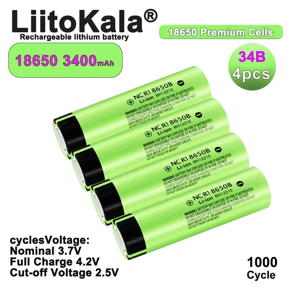 LiitoKala 18650 Lithium Ion Rechargeable Battery 3.7V, 3000/3400/4000mAh, High Capacity, for Flashlight, Torch, Power Bank, Elec