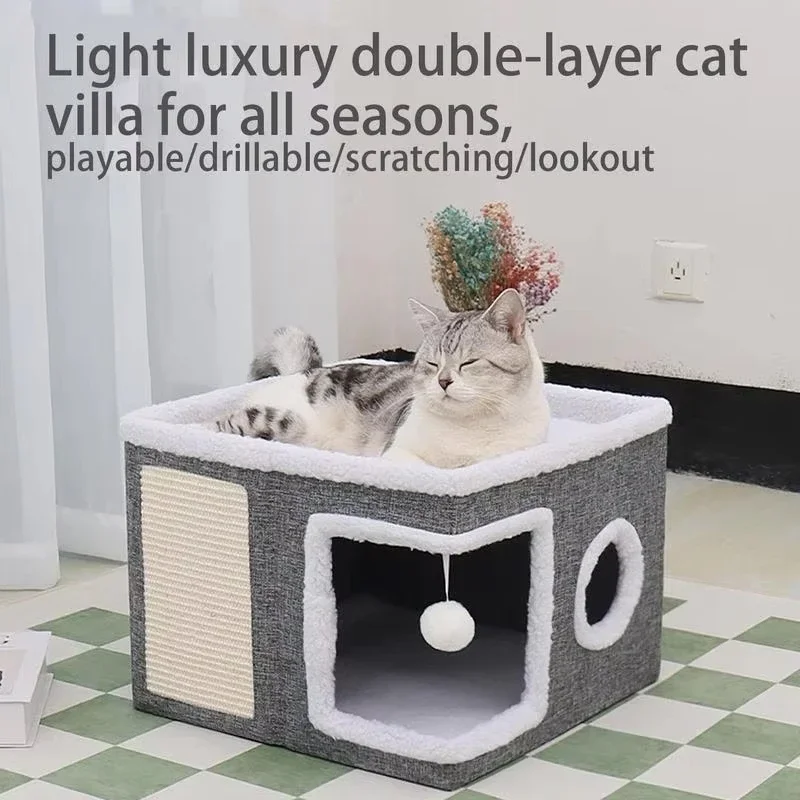 The Foldable Cat House with A Built-in Scraper Features A Sleek Modern Design and Includes A Non-slip Bottom for Added Stability