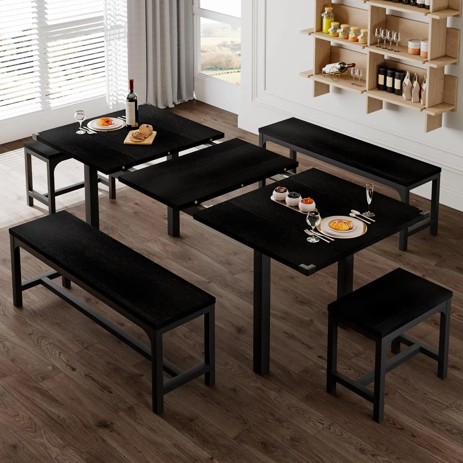 5-Piece Dining Table Set for 4-8 People, 63" Large Extendable Kitchen Table Set with 2 Benches and 2 Square Stools,