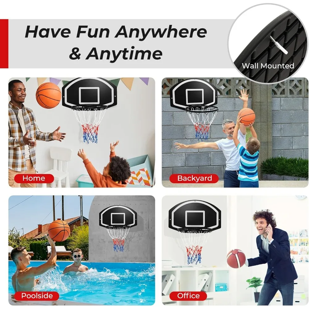 Großer 28,5 x 18 wandmontierter Basketballkorb mit 17-Rand, bruchsicherer Rückwand, Allwetter-Netz, Türinstallation bereit