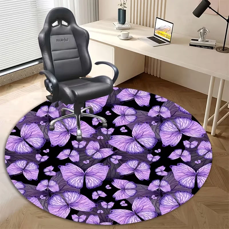 Purple Butterfly Round Area Rug Non Slip Circular Floor Mat Aesthetic Insect Pattern For Girls Bedroom Gaming Desk Home Decor