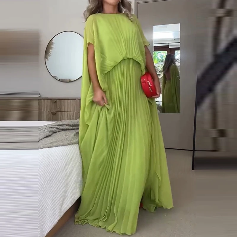 

Sexy Backless Hollow Tie-Up Long Dress Elegant O-neck Shawl Sleeve Solid Party Dress Women Fashion Pleated Loose Chiffons Dress