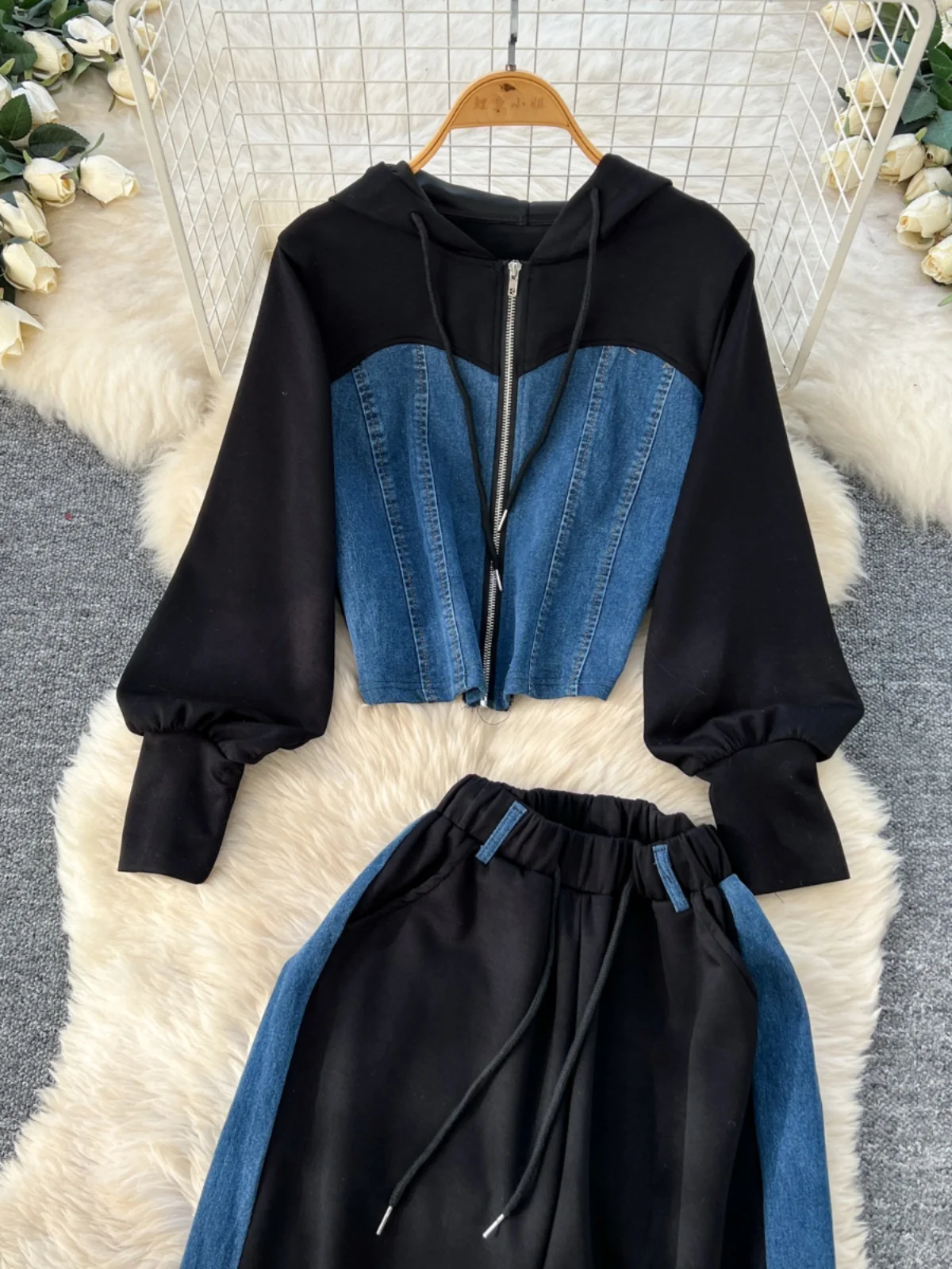 

Весенний повседневный комплект спортивной одежды, женская толстовка с капюшоном, длинный свеч, джинсовые широкие брюки с высокой талией, модный ансамбль