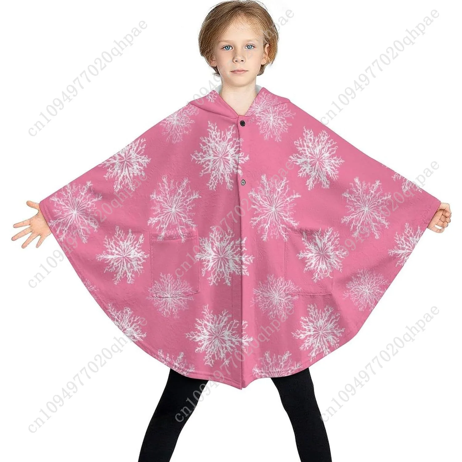 سترة بطانية مريحة من الفلانيل، هوديي كبير الحجم بنمط ندفة الثلج الوردي مع جيوب للأطفال والمراهقين