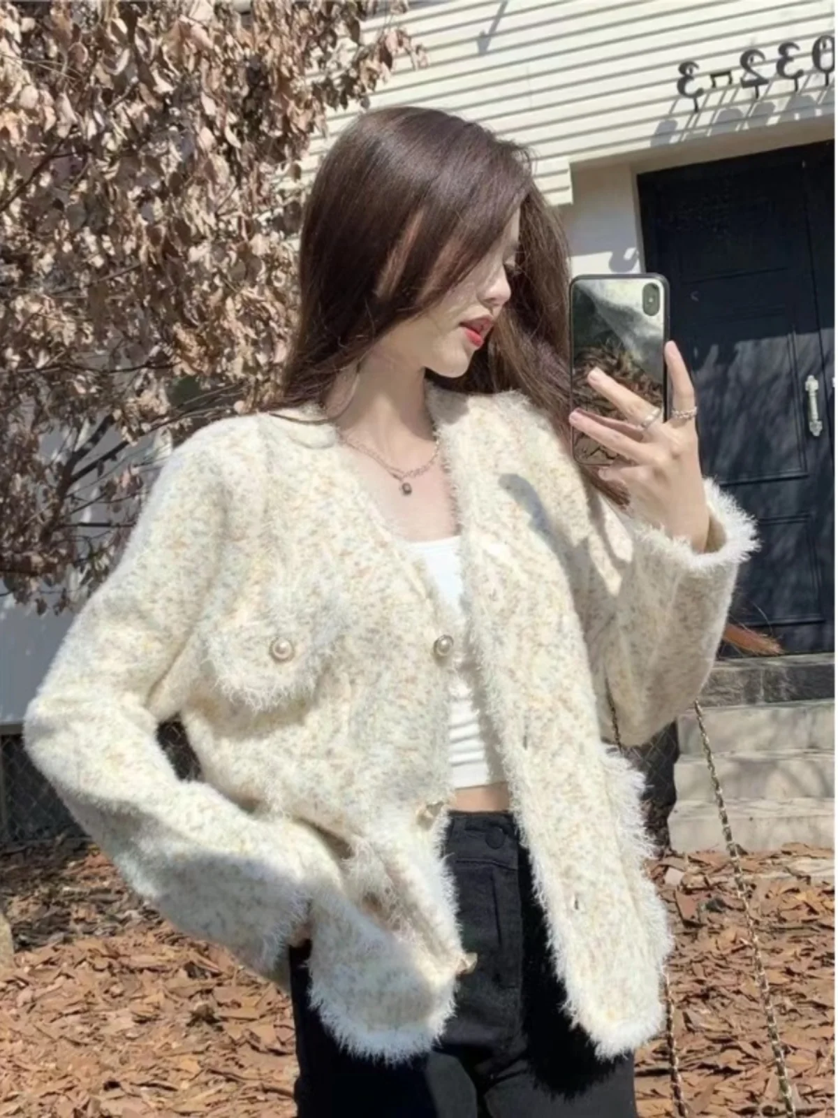 

Зимний женский элегантный кардиган-пальто свободного кроя с V-образным вырезом, из полиэстера, с длинными рукавами, визуально стройнящий, в нежном стиле