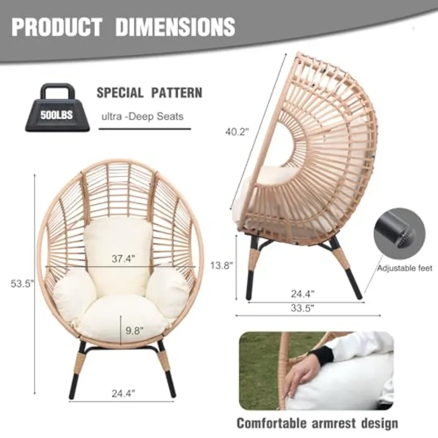Oversized wicker egg chair for outdoor and indoor use, natural rattan material, beige color, extra-thick cushions for enhanced