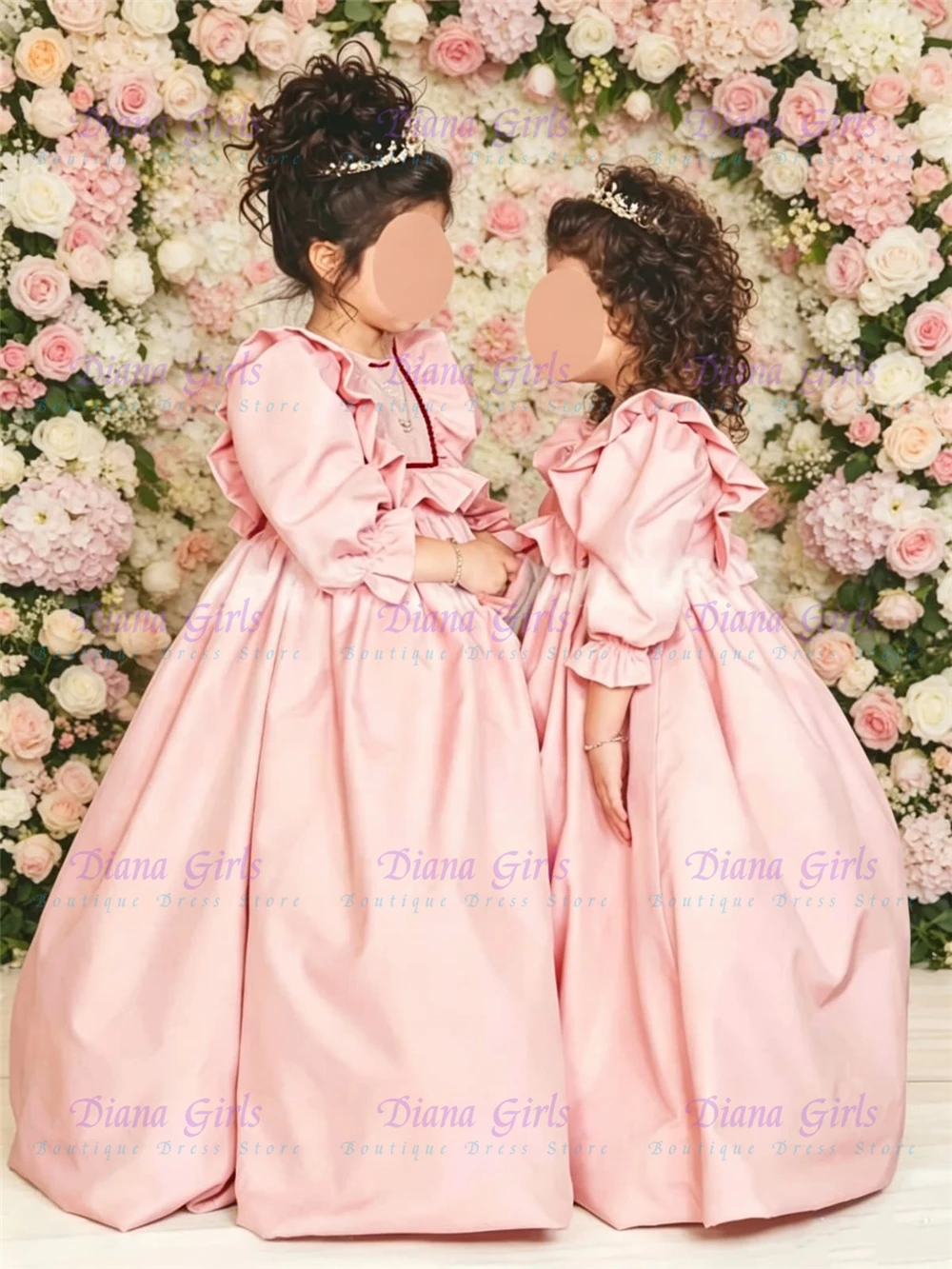 Quality Elegant Flower Girl Dress Pink Satin Fluffy Big Bow Pleated Design For Kids Wedding Birthday Party Evening Ball Gowns