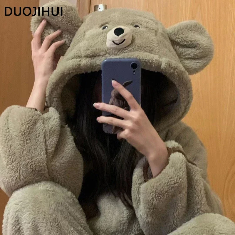 DUOJIHUI Hooded Winter Flannel Lovely Loose Female Pajamas Set New Simple Casual Fashion Print Thick Warm Soft Pajamas for Women