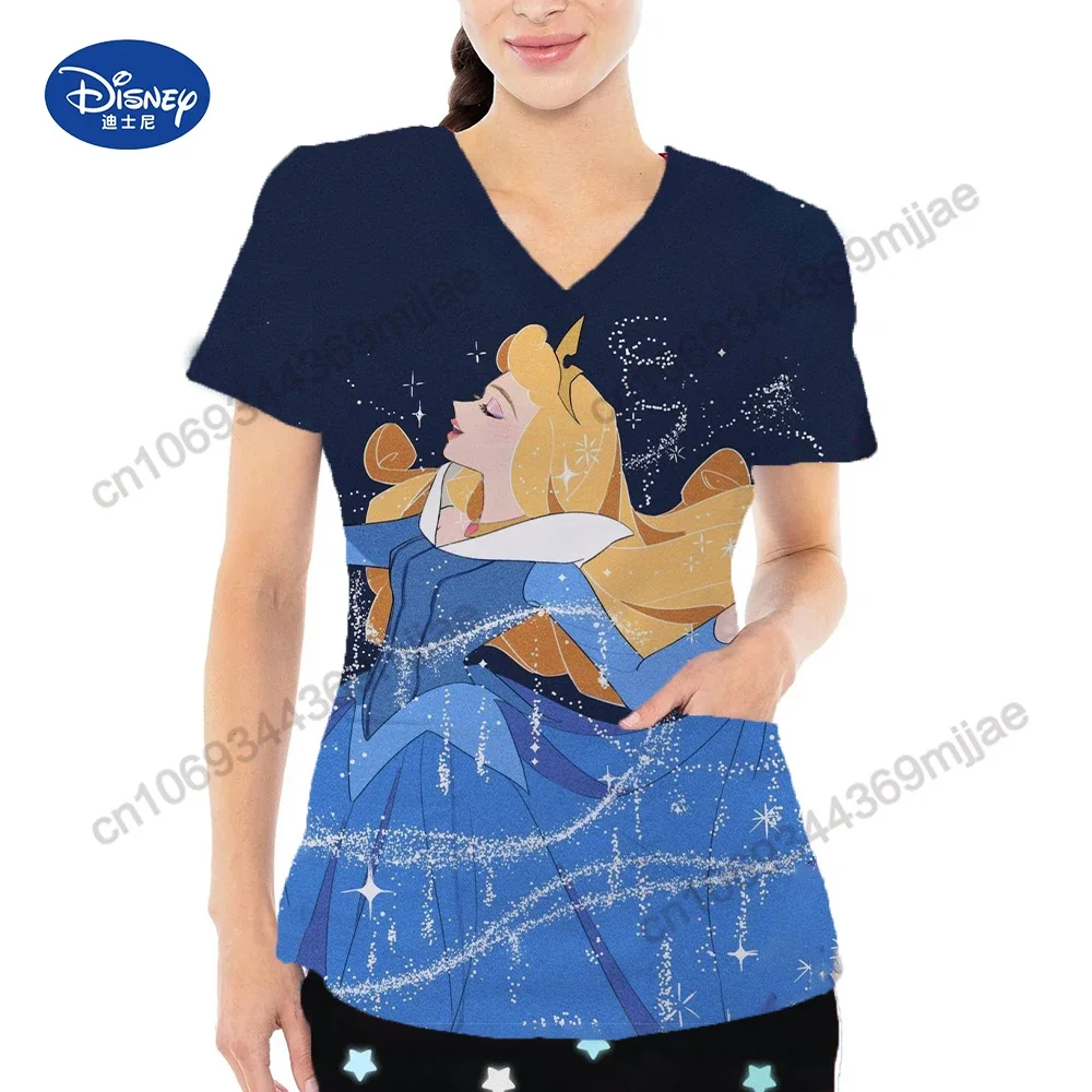 Pocket Cartoon T-shirts for Women V-neck Design Women's Tops Summer Clothes