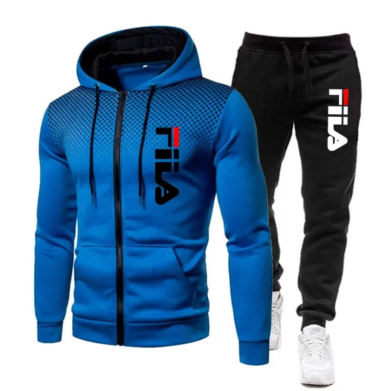 Conjunto de sudadera con capucha y pantalones de chándal con cremallera estampada para hombre, conjunto de ropa deportiva para correr, fitness, moda de ocio, otoño e invierno