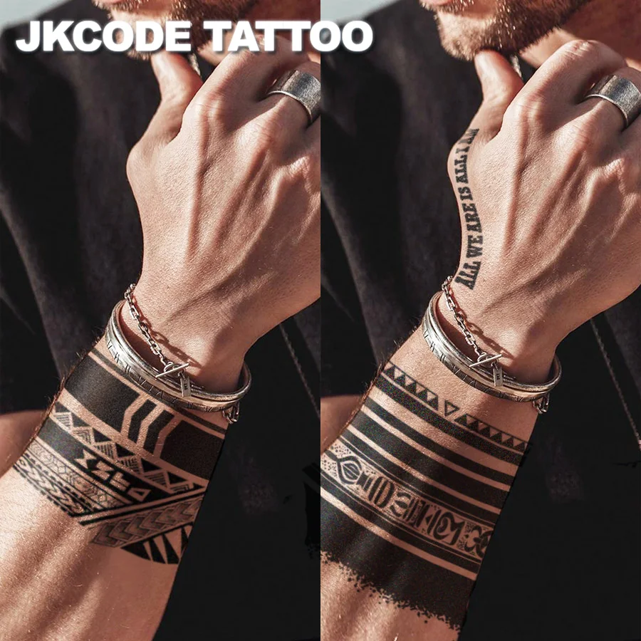 5-piece set of personalized design men's arm ring tattoo stickers, geometric and graffiti style, waterproof daily-use temporary tattoos, lasts 4-7 days