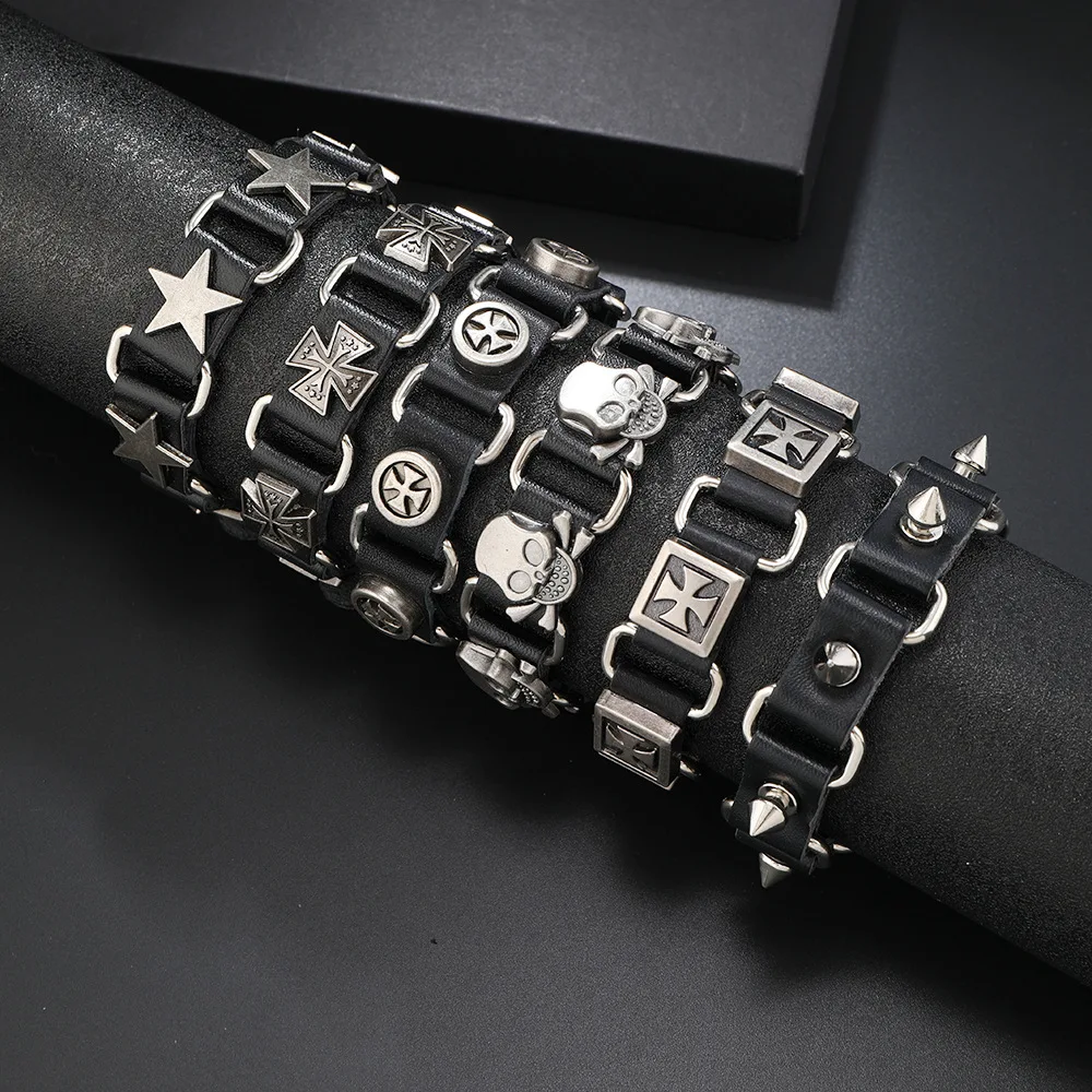 فاسق القوطية الهيب هوب جلد أسود فضي اللون المسامير نجوم الجمجمة الصليب سوار للنساء الرجال كول فتاة سوار HUANZHI جديد #1