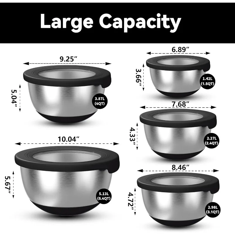 Mixing Bowls with Airtight Lids Set of 5, Nesting for Kitchen, Black, Dishwasher Safe, Non-Slip, Multi-Purpose Cooking, Baking