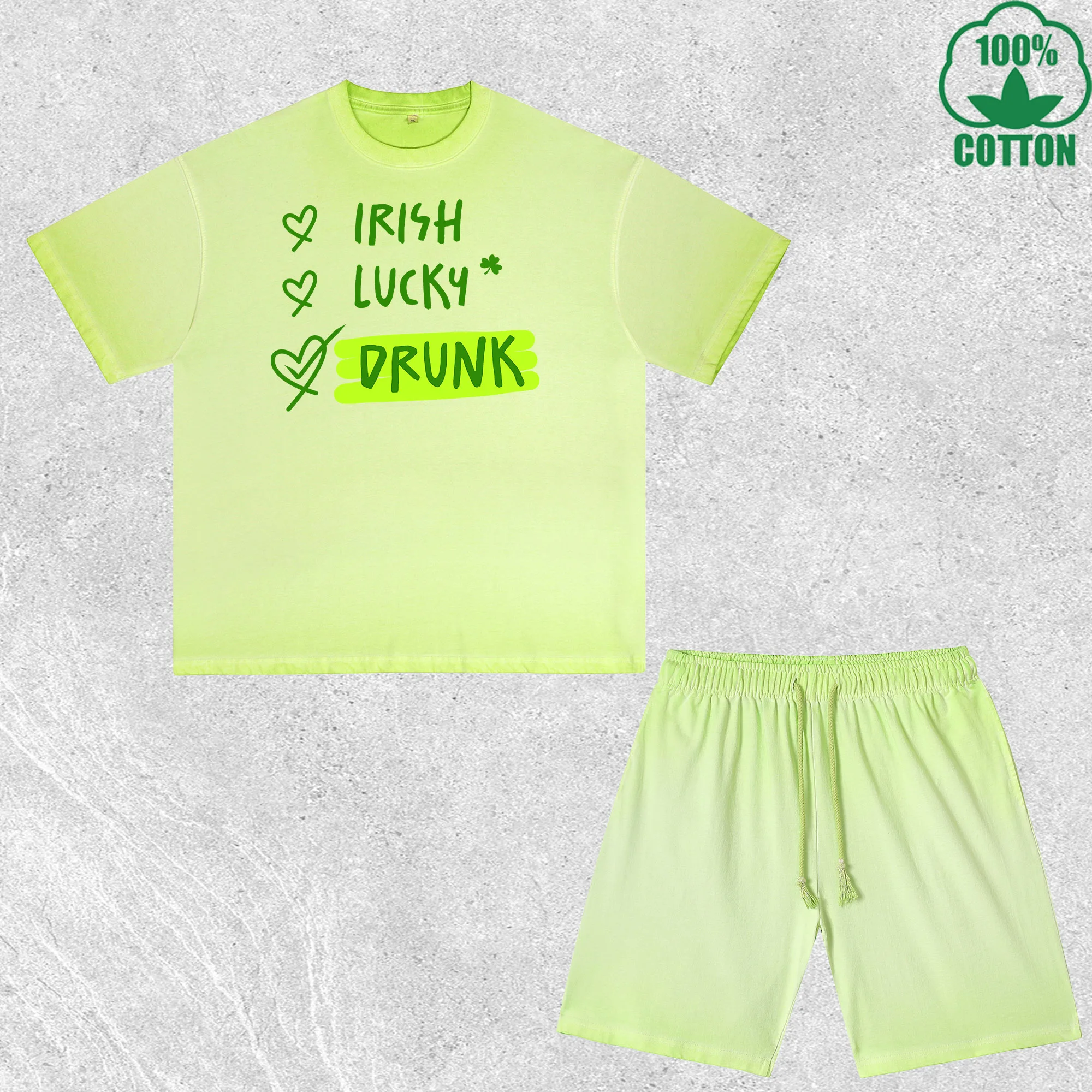 

Комплект из футболки и шорт с принтом «Ирландский Святой Патрик», эффект потертости, разноцветный, свободный крой, модный, 100% хлопок